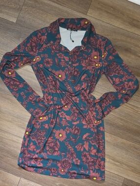 Zara Teal & Rust Floral Long-Sleeve Shirt Dress with Yellow Accent
